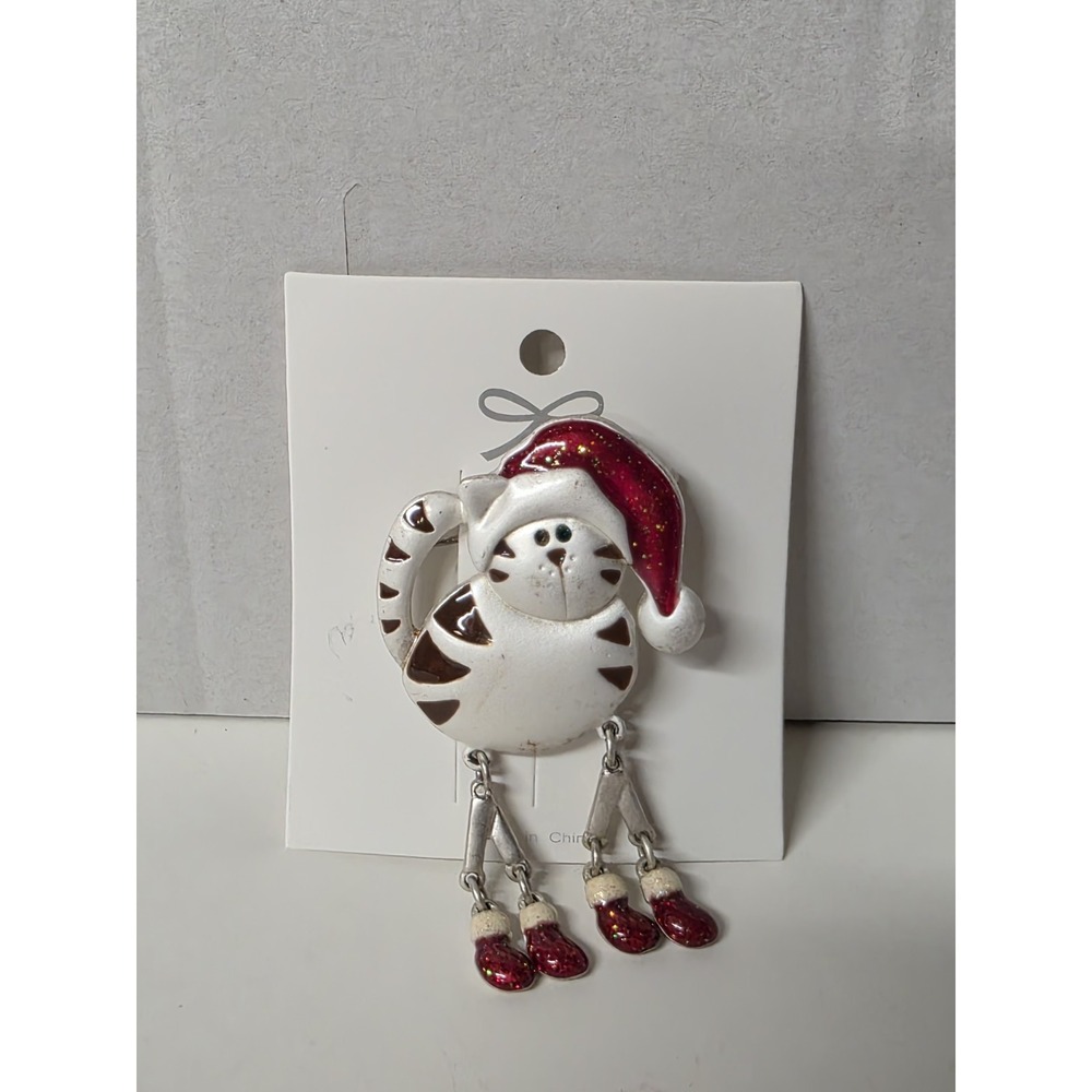 Christmas Silver Cat Brooch with Red Accents!
